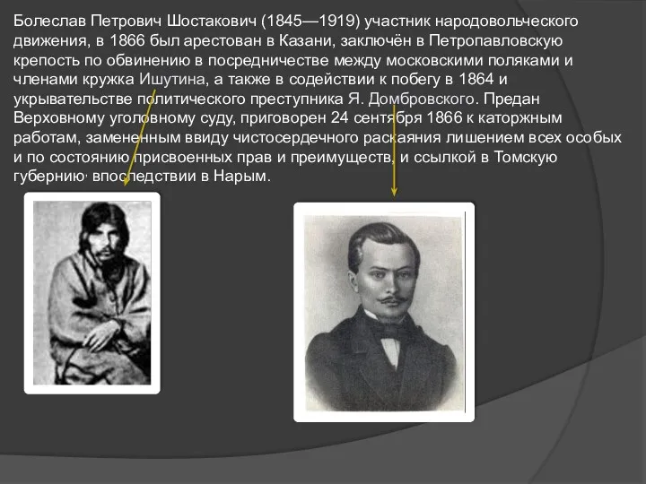 Болеслав Петрович Шостакович (1845—1919) участник народовольческого движения, в 1866 был арестован в Казани,