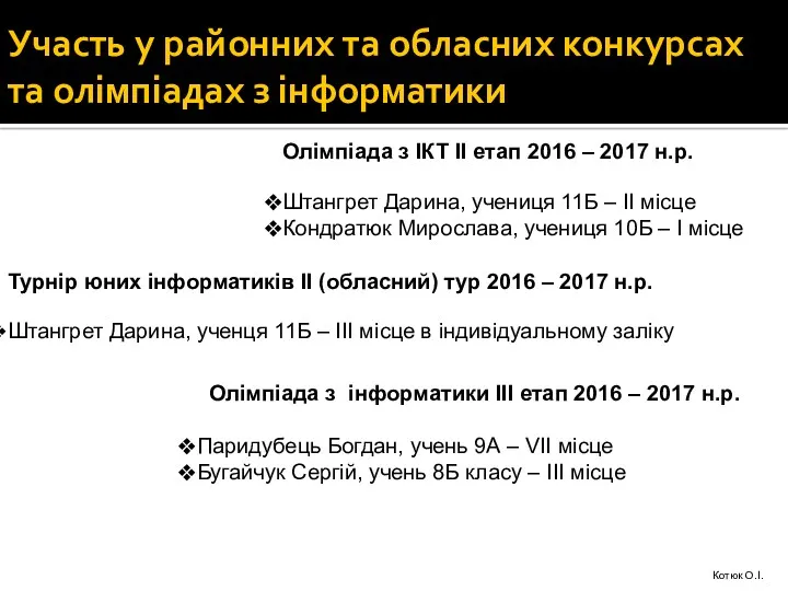 Участь у районних та обласних конкурсах та олімпіадах з інформатики