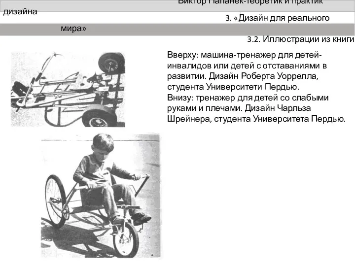 Виктор Папанек-теоретик и практик дизайна Вверху: машина-тренажер для детей-инвалидов или
