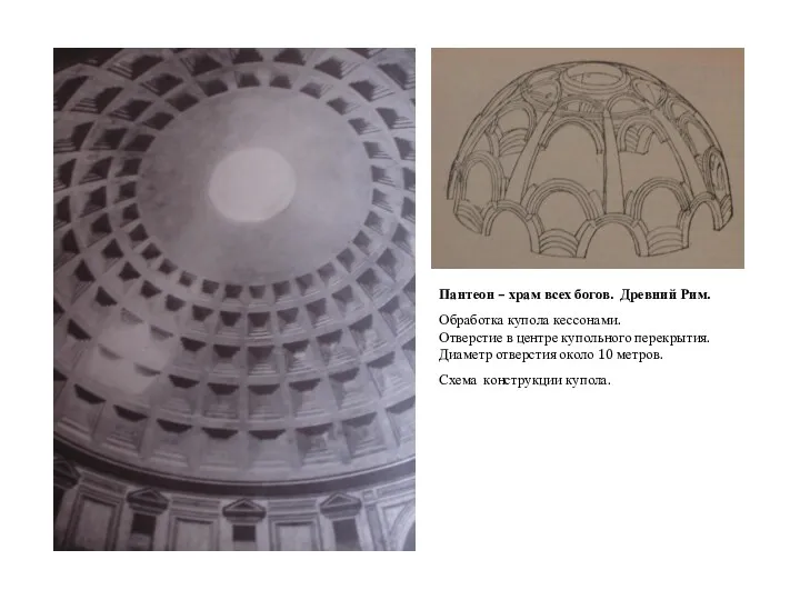 Пантеон – храм всех богов. Древний Рим. Обработка купола кессонами. Отверстие в центре