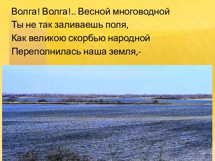 Волга! Волга!.. Весной многоводной Ты не так заливаешь поля, Как великою скорбью народной Переполнилась наша земля,-