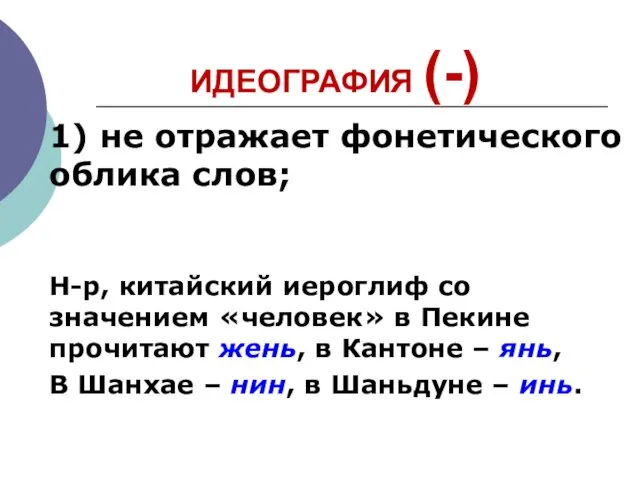 ИДЕОГРАФИЯ (-) 1) не отражает фонетического облика слов; Н-р, китайский