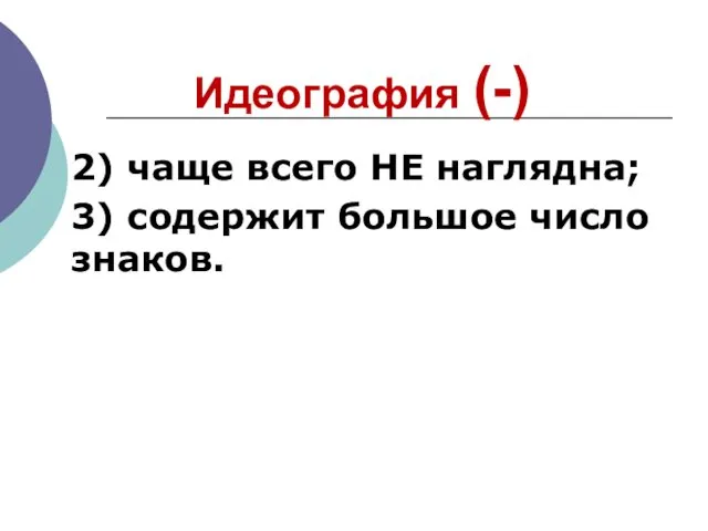 Идеография (-) 2) чаще всего НЕ наглядна; 3) содержит большое число знаков.