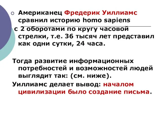 Американец Фредерик Уиллиамс сравнил историю homo sapiens с 2 оборотами