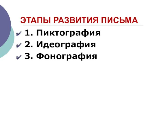 ЭТАПЫ РАЗВИТИЯ ПИСЬМА 1. Пиктография 2. Идеография 3. Фонография