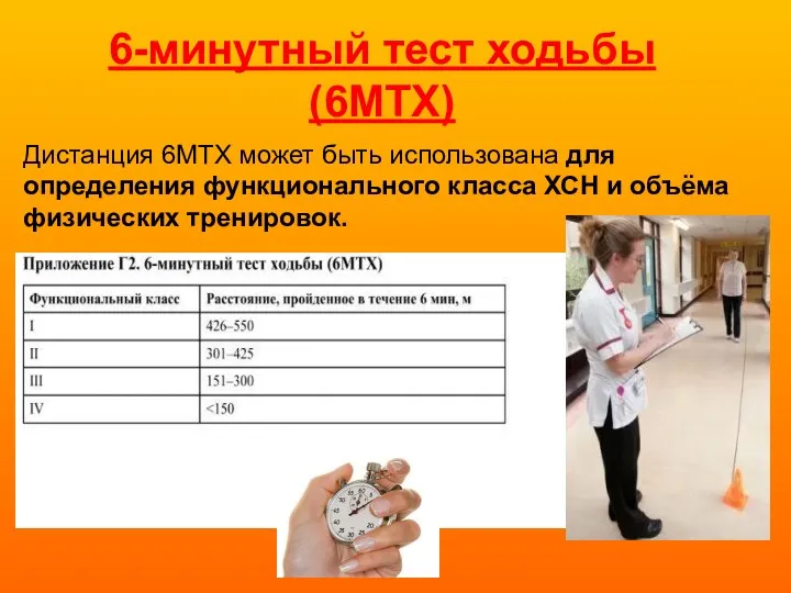 6-минутный тест ходьбы (6МТХ) Дистанция 6МТХ может быть использована для определения функционального класса