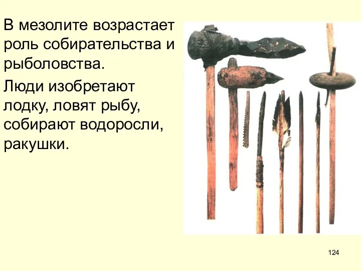 В мезолите возрастает роль собирательства и рыболовства. Люди изобретают лодку, ловят рыбу, собирают водоросли, ракушки.