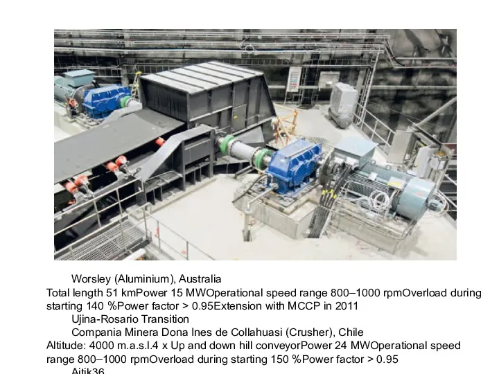Worsley (Aluminium), Australia Total length 51 kmPower 15 MWOperational speed range 800–1000 rpmOverload