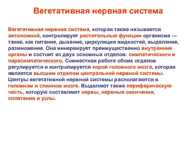 Вегетативная нервная система, которая также называется автономной, контролирует растительные функции