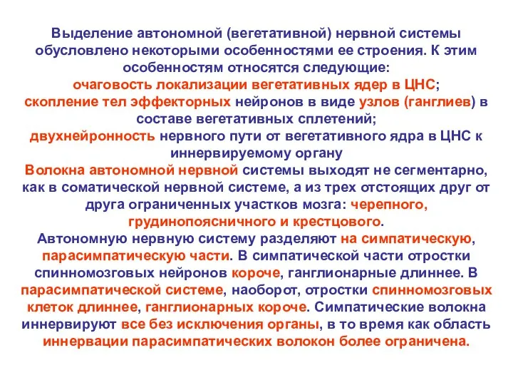 Выделение автономной (вегетативной) нервной системы обусловлено некоторыми особенностями ее строения.