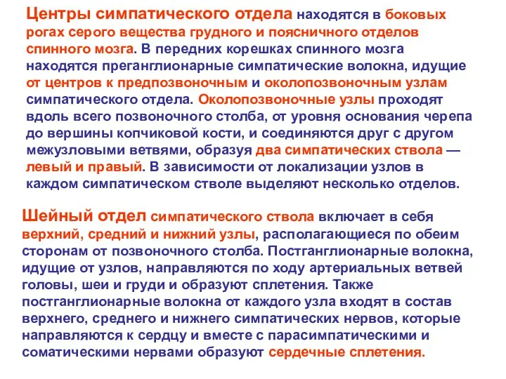 Центры симпатического отдела находятся в боковых рогах серого вещества грудного