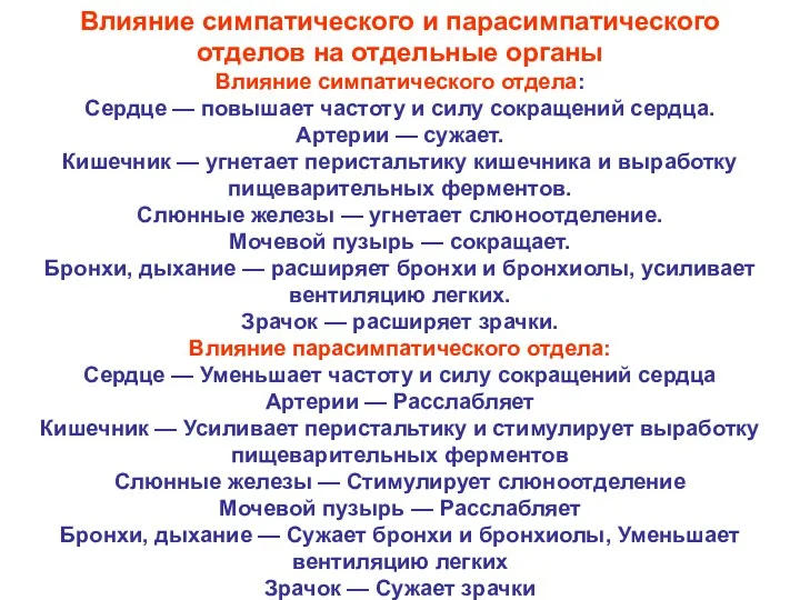 Влияние симпатического и парасимпатического отделов на отдельные органы Влияние симпатического