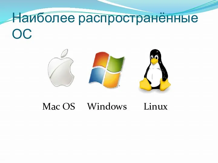 Наиболее распространённые ОС Linux Windows Mac OS