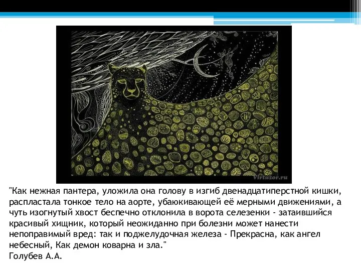 "Как нежная пантера, уложила она голову в изгиб двенадцатиперстной кишки,