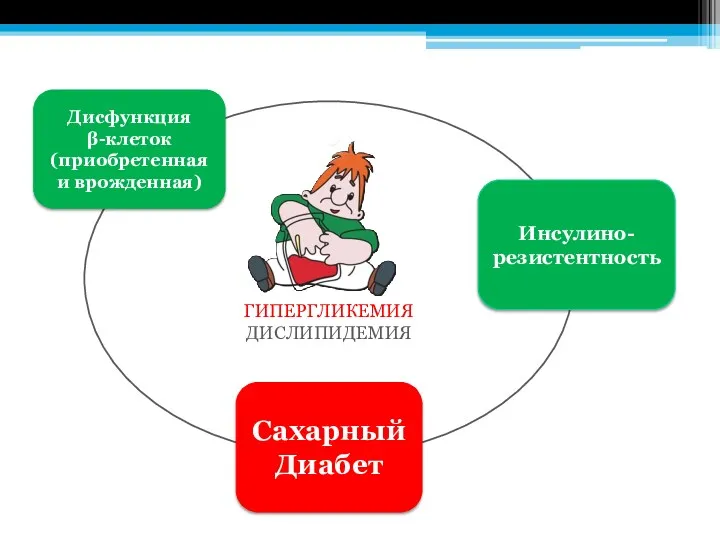 ГИПЕРГЛИКЕМИЯ ДИСЛИПИДЕМИЯ Инсулино- резистентность Дисфункция β-клеток (приобретенная и врожденная) Сахарный Диабет