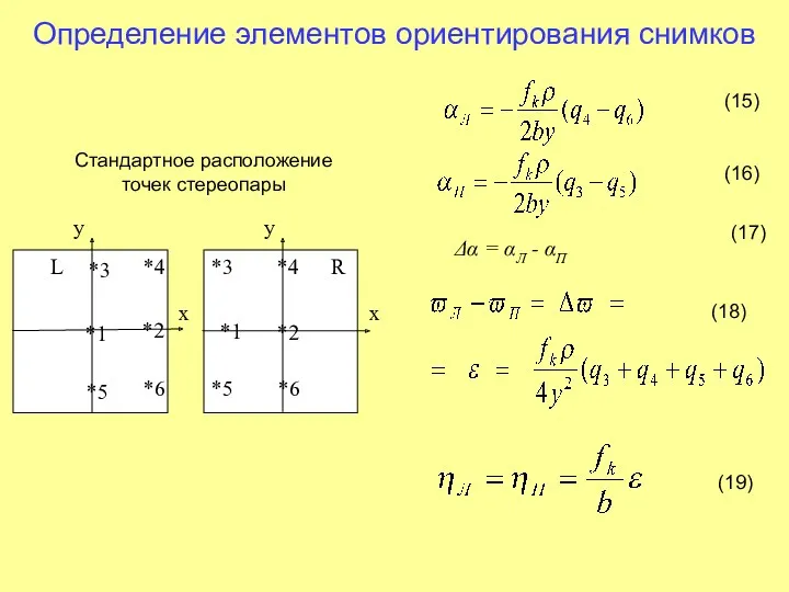 Определение элементов ориентирования снимков y y x x L R