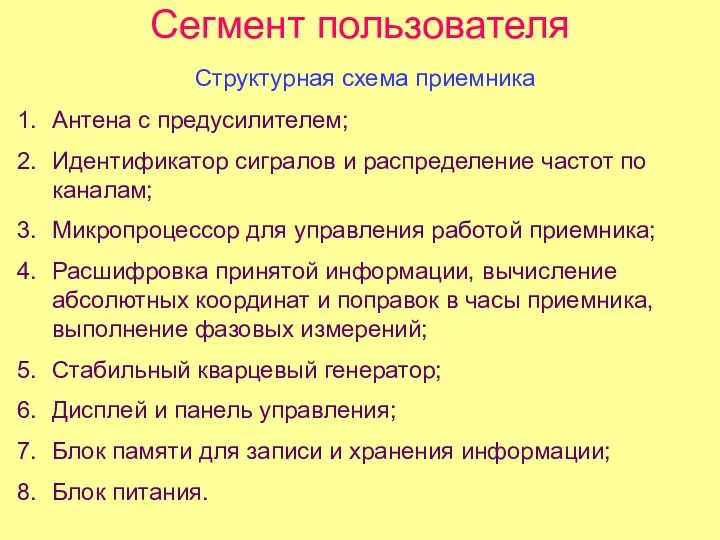 Сегмент пользователя Структурная схема приемника Антена с предусилителем; Идентификатор сигралов