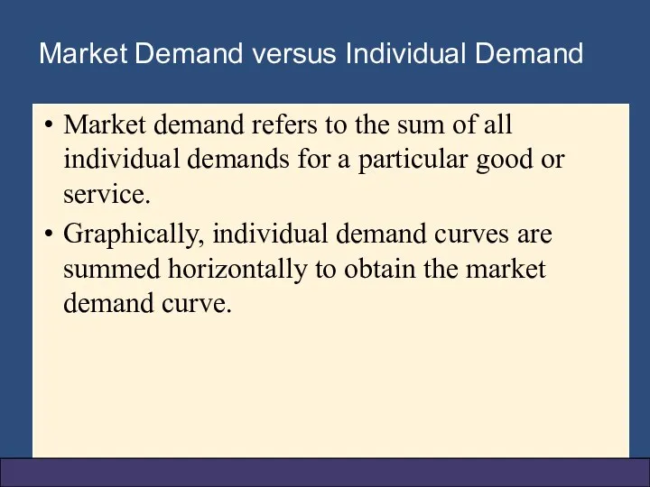 Market Demand versus Individual Demand Market demand refers to the sum of all