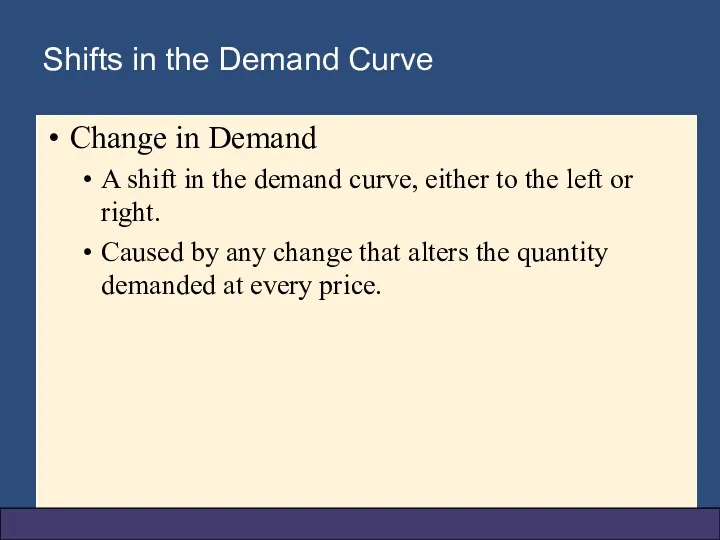 Shifts in the Demand Curve Change in Demand A shift in the demand