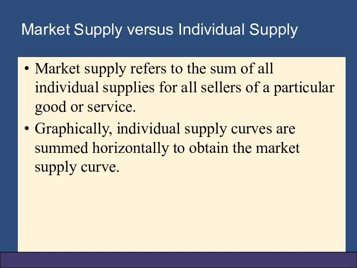 Market Supply versus Individual Supply Market supply refers to the sum of all