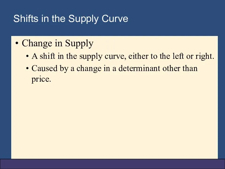 Shifts in the Supply Curve Change in Supply A shift in the supply