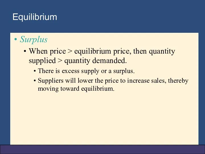 Equilibrium Surplus When price > equilibrium price, then quantity supplied > quantity demanded.