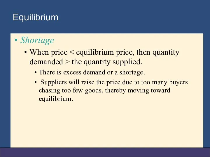 Equilibrium Shortage When price the quantity supplied. There is excess demand or a
