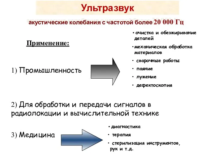 Ультразвук акустические колебания с частотой более 20 000 Гц Применение: