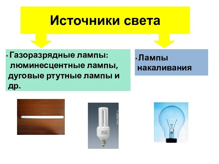 Источники света Газоразрядные лампы: люминесцентные лампы, дуговые ртутные лампы и др. Лампы накаливания