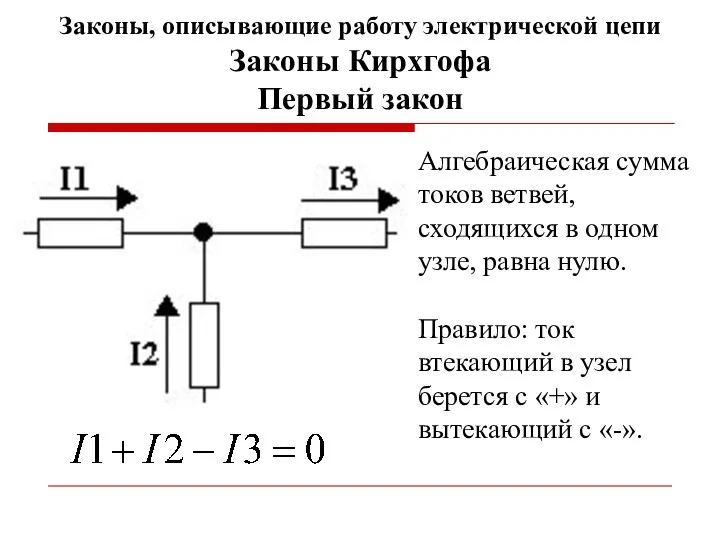 Законы, описывающие работу электрической цепи Законы Кирхгофа Первый закон Алгебраическая сумма токов ветвей,