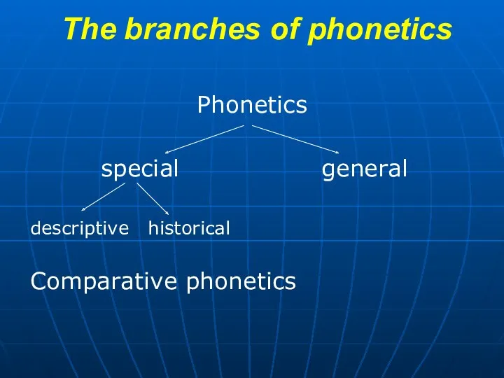 The branches of phonetics Phonetics special general descriptive historical Comparative phonetics