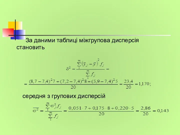 За даними таблиці міжгрупова дисперсія становить середня з групових дисперсій