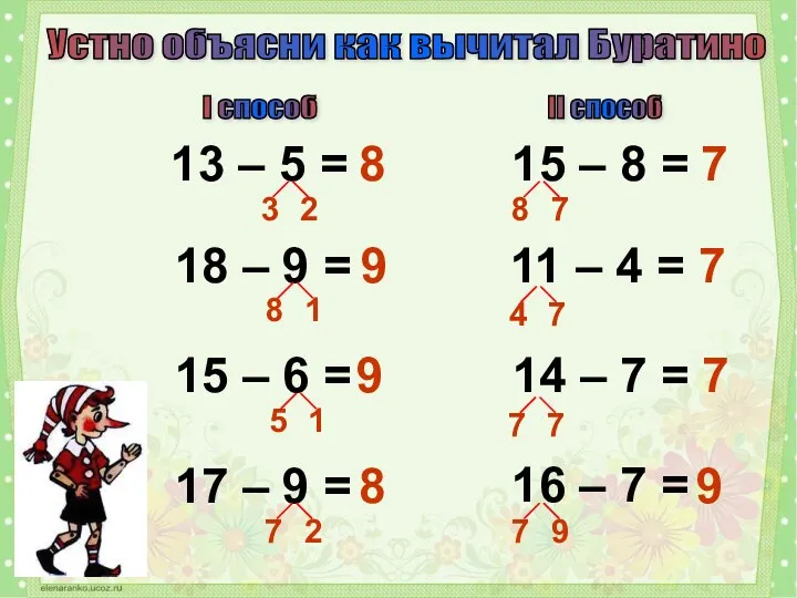 Устно объясни как вычитал Буратино 13 – 5 = 18