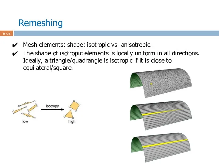 Remeshing / 36 Mesh elements: shape: isotropic vs. anisotropic. The shape of isotropic