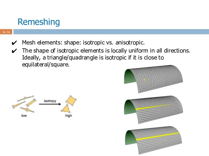 Remeshing / 36 Mesh elements: shape: isotropic vs. anisotropic. The