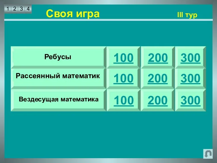 Своя игра III тур 100 100 100 300 300 300