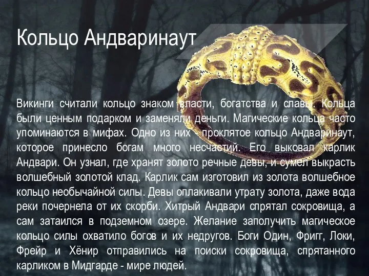 Кольцо Андваринаут Викинги считали кольцо знаком власти, богатства и славы.