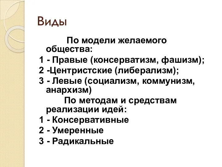 Виды По модели желаемого общества: 1 - Правые (консерватизм, фашизм); 2 -Центристские (либерализм);