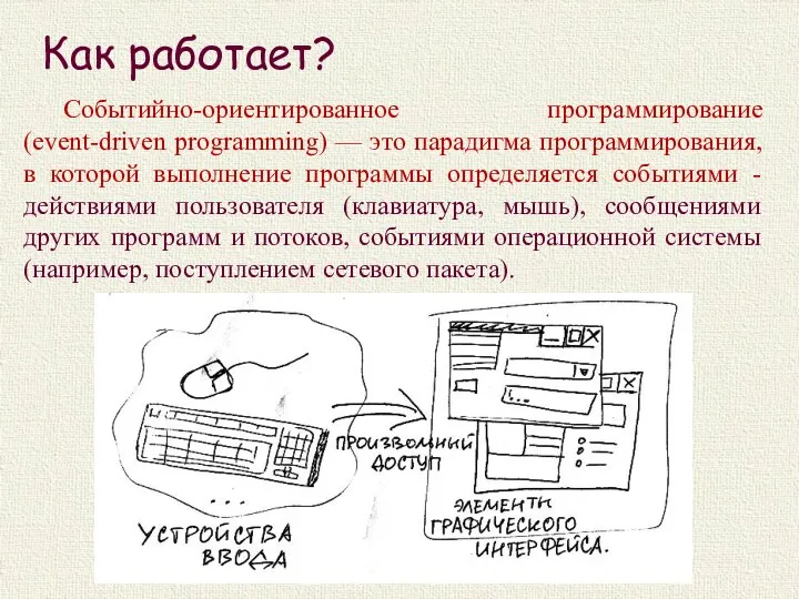 Как работает? Событийно-ориентированное программирование (event-driven programming) — это парадигма программирования,