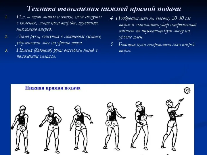 Техника выполнения нижней прямой подачи И.п. – стоя лицом к