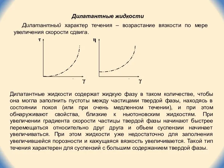 τ γ γ Дилатантные жидкости Дилатантный характер течения – возрастание