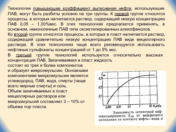 Технологии повышающие коэффициент вытеснения нефти, использующие ПАВ, могут быть разбиты