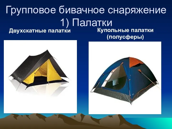 Групповое бивачное снаряжение 1) Палатки Двухскатные палатки Купольные палатки (полусферы)