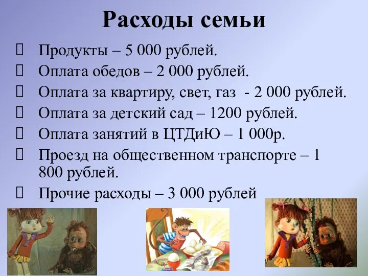 Расходы семьи Продукты – 5 000 рублей. Оплата обедов –