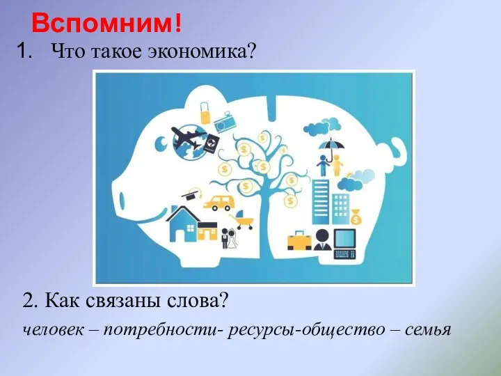 Вспомним! Что такое экономика? 2. Как связаны слова? человек – потребности- ресурсы-общество – семья