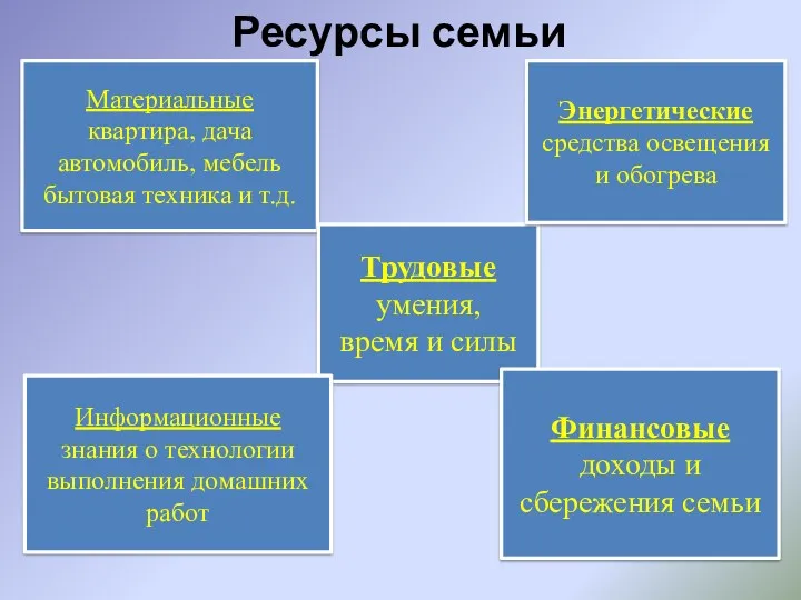 Ресурсы семьи Материальные квартира, дача автомобиль, мебель бытовая техника и