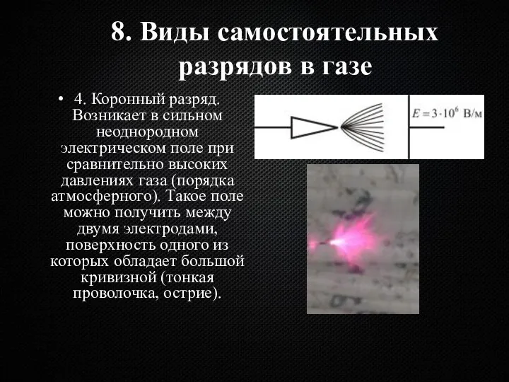 8. Виды самостоятельных разрядов в газе 4. Коронный разряд. Возникает