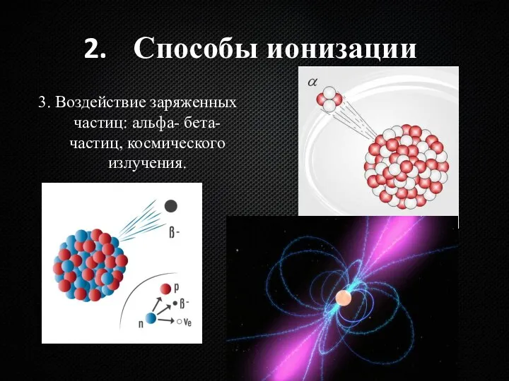 Способы ионизации 3. Воздействие заряженных частиц: альфа- бета-частиц, космического излучения.