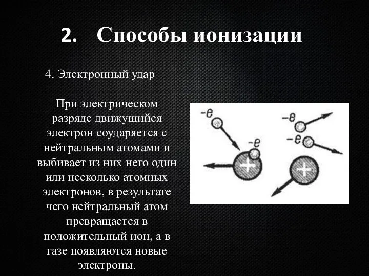 Способы ионизации 4. Электронный удар При электрическом разряде движущийся электрон