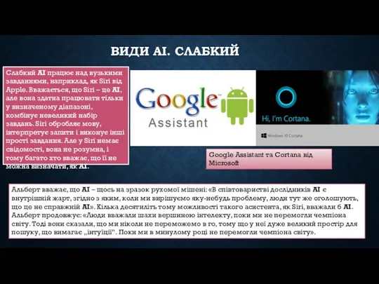 ВИДИ АІ. СЛАБКИЙ Слабкий АІ працює над вузькими завданнями, наприклад, як Siri від